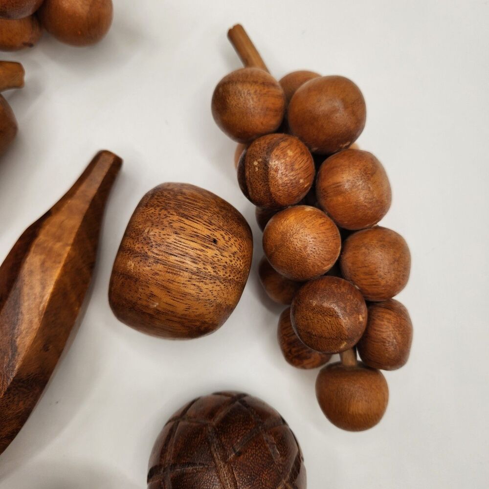 Carved Wooden Fruit 9 Pieces Dining Table Decor MCM Grapes Pear Apple Banana - Picture 5 of 15